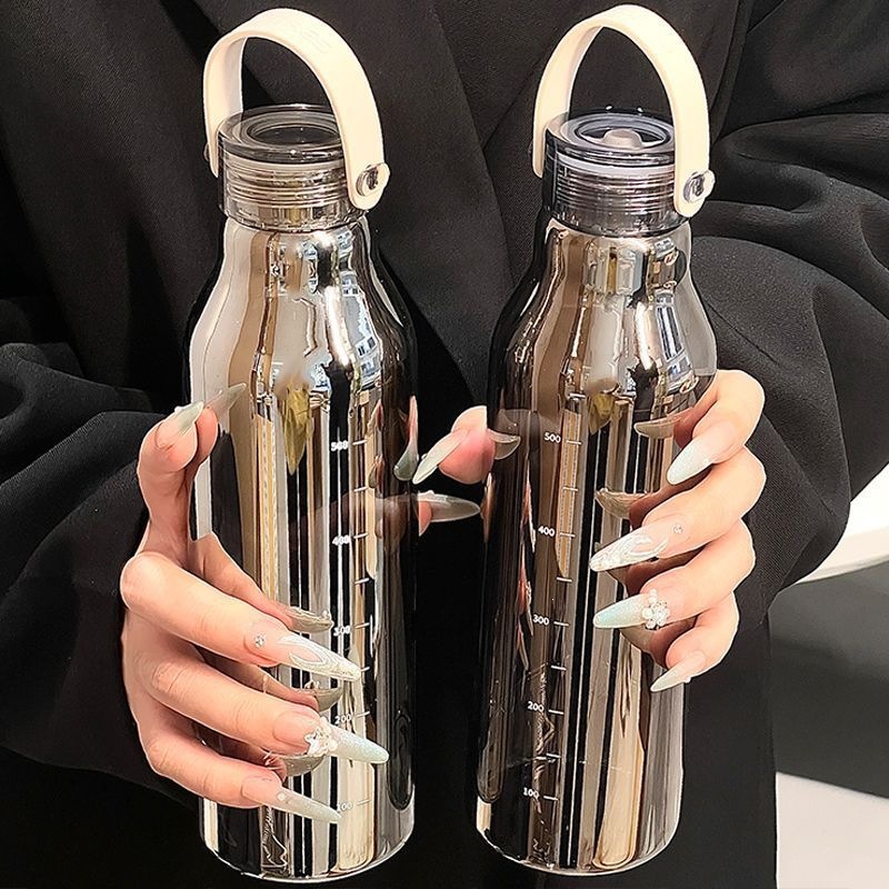 Outdoor Sport Glass Water Bottle - ขวดน้ำแก้วหนา 600 มล. พร้อมหลอดดูดปรับระดับได้ สำหรับใช้กลางแจ้ง สำนักงาน